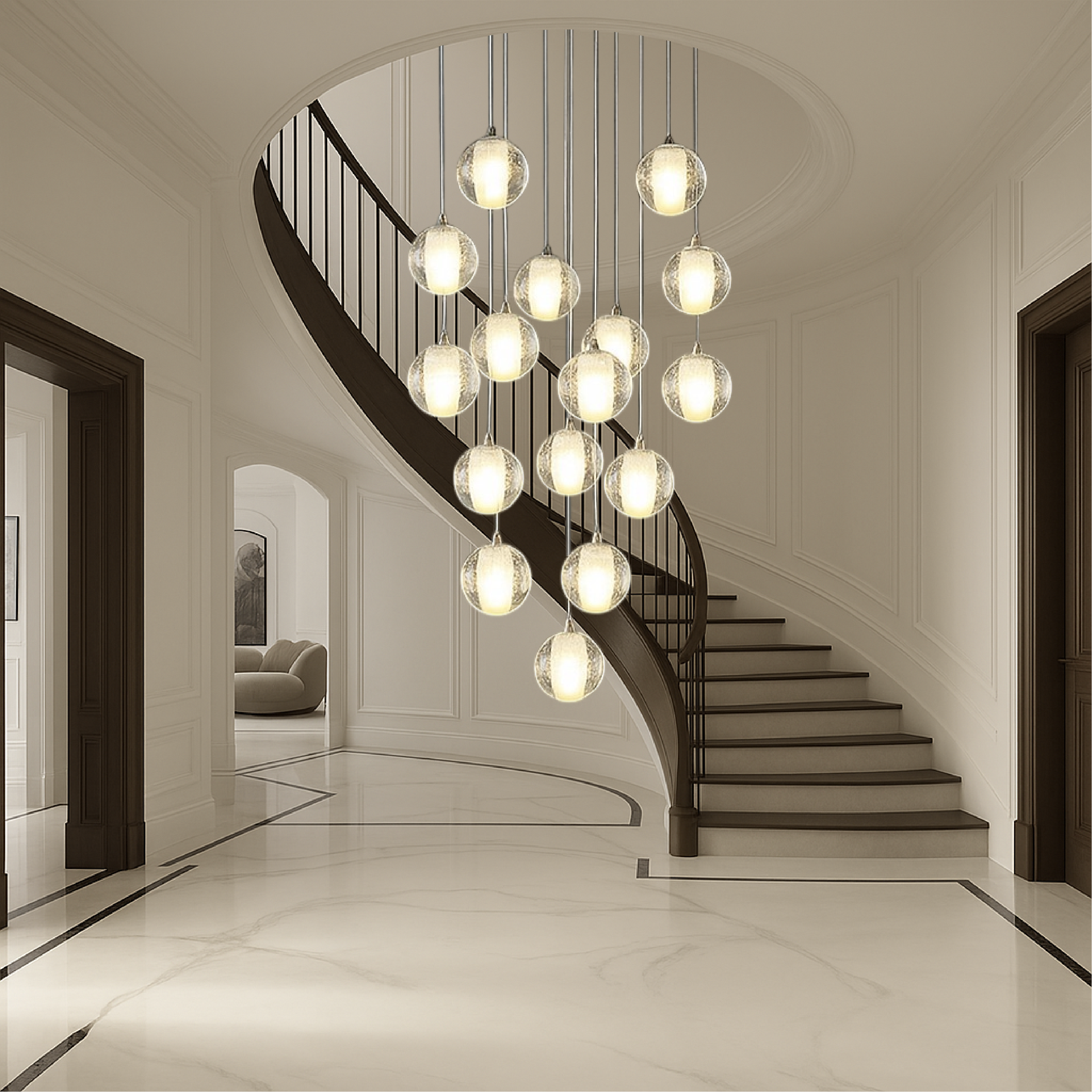 Lustre d'escalier à boules de cristal