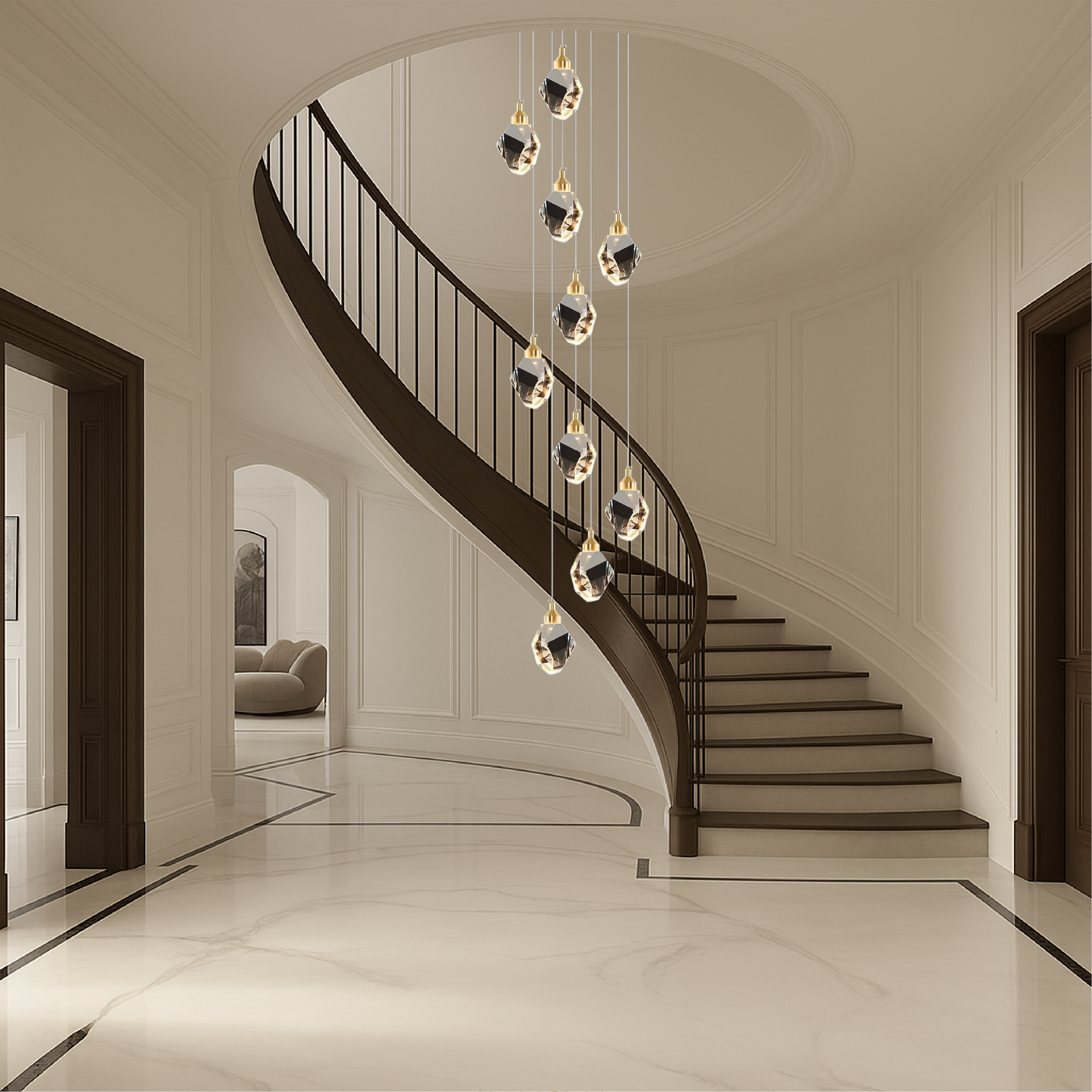 Lustre d'escalier en cristal à 10 têtes