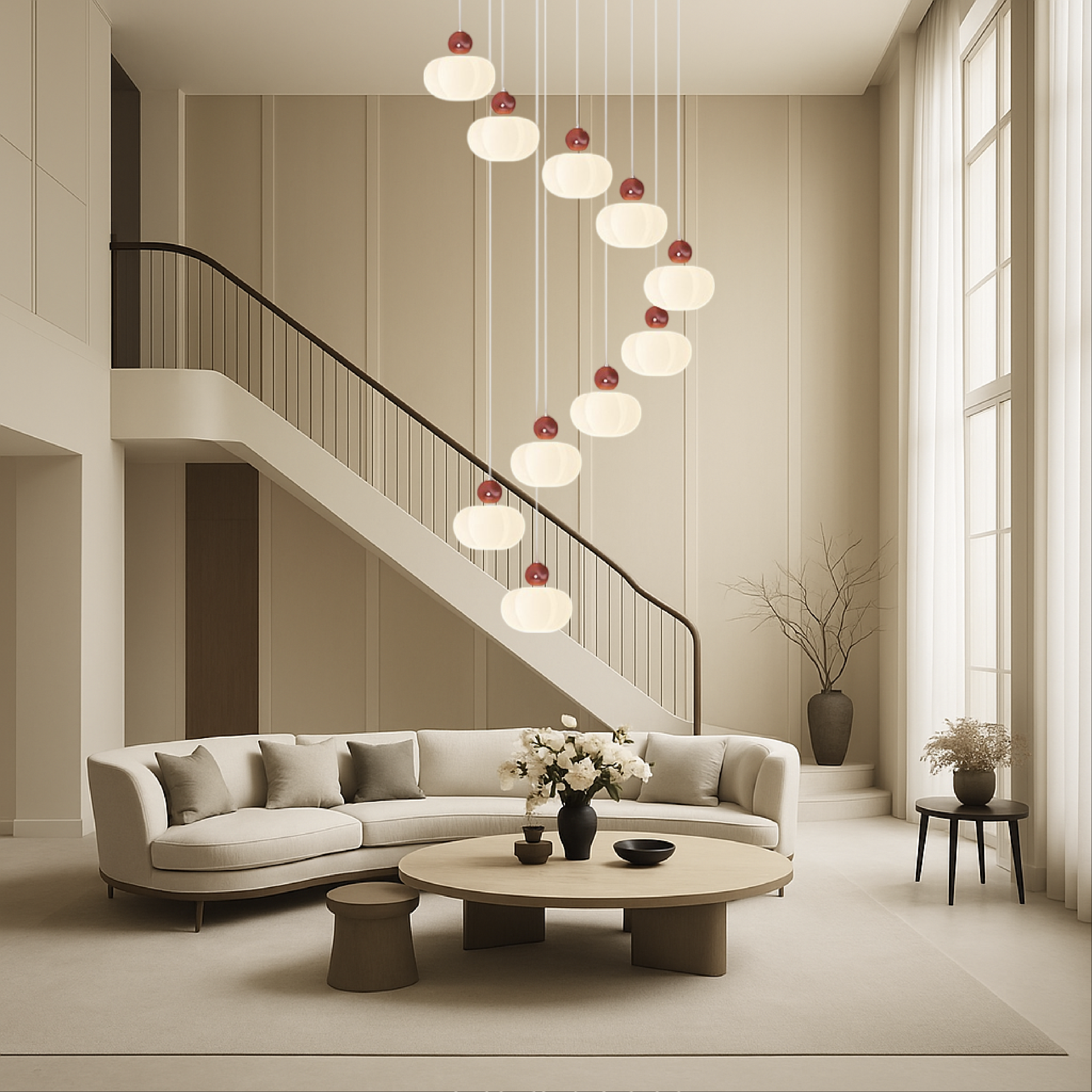 Lustre d'escalier Art Déco crème
