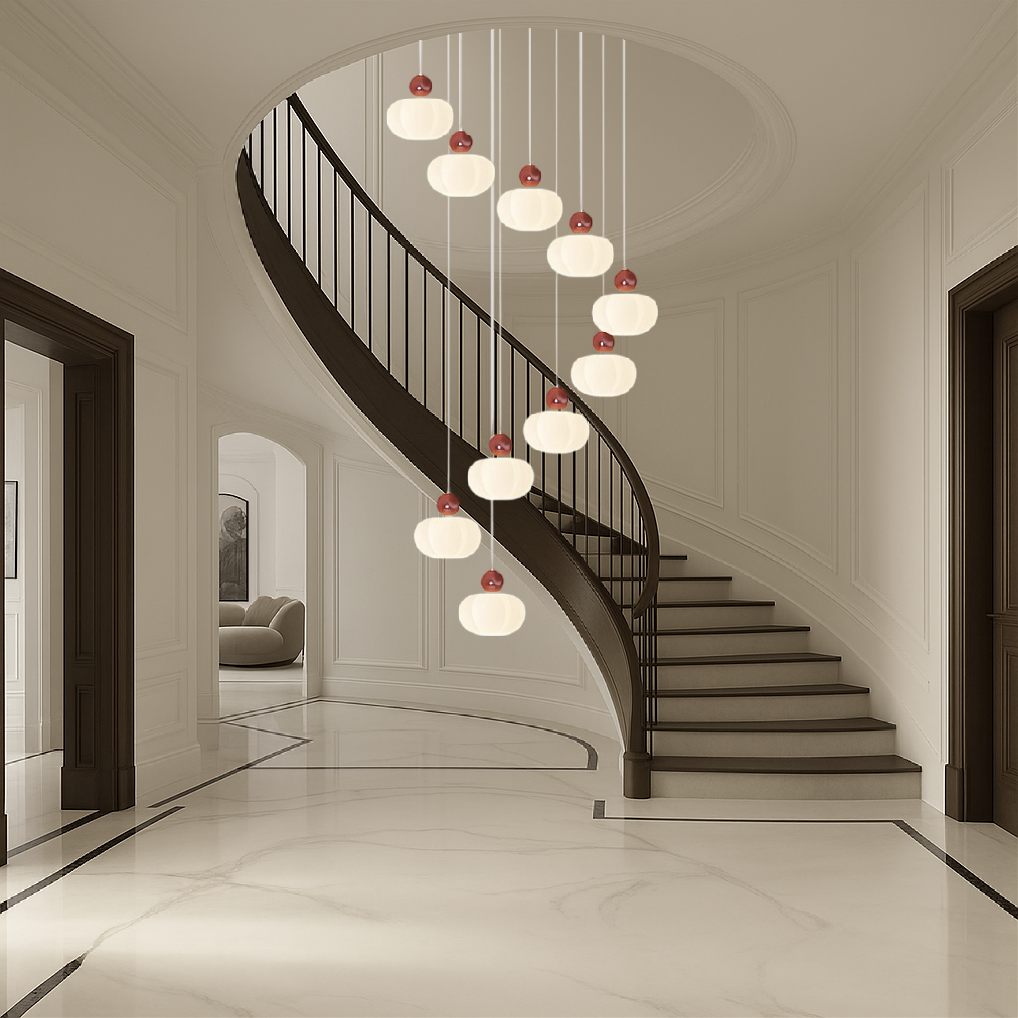 Lustre d'escalier Art Déco crème