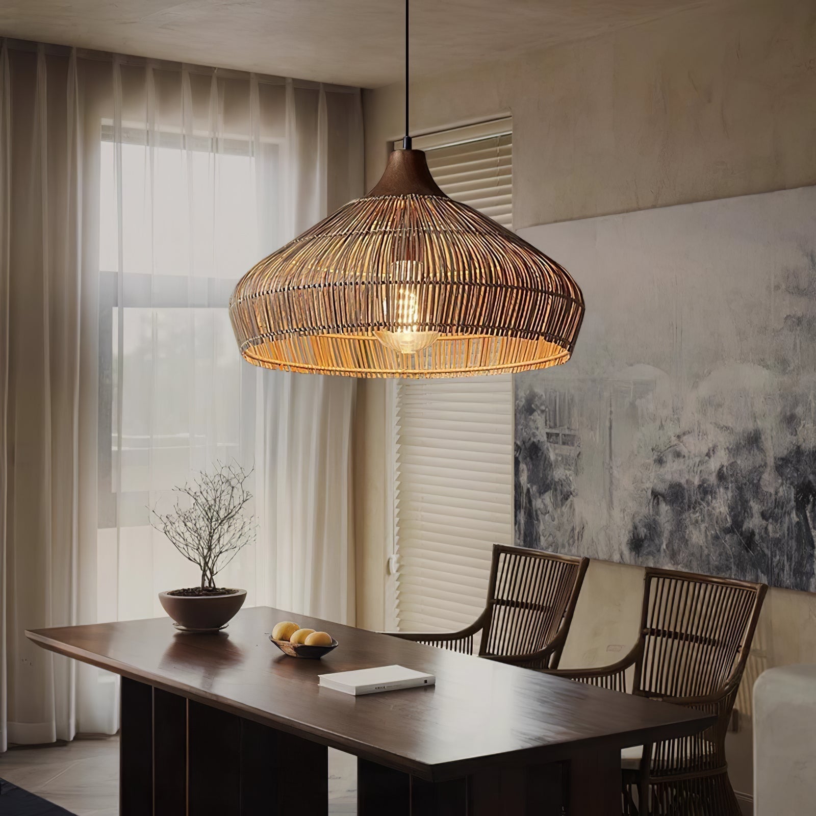 Lampe suspendue en osier et rotin