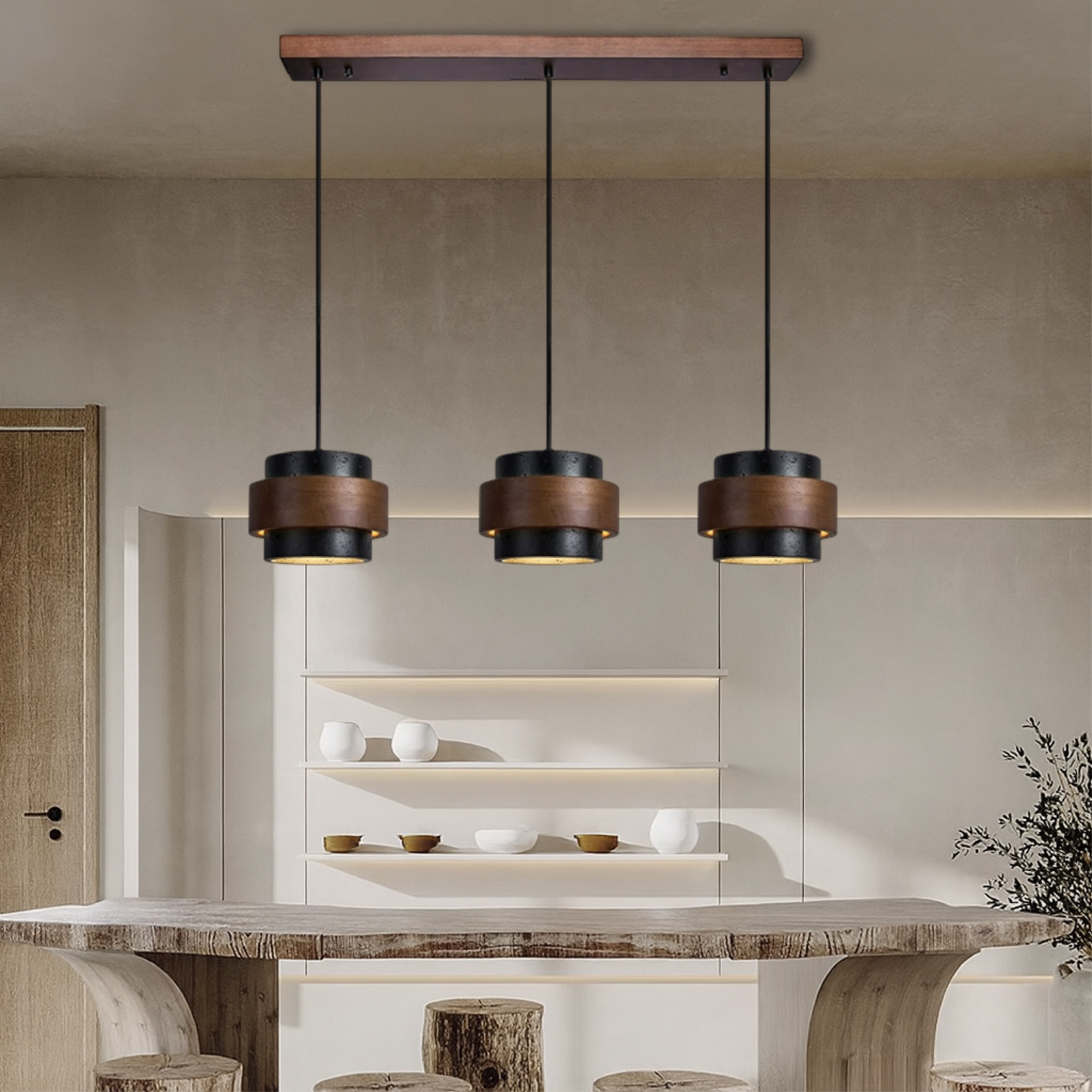 Lampe pendante à 3 têtes en travertin noir