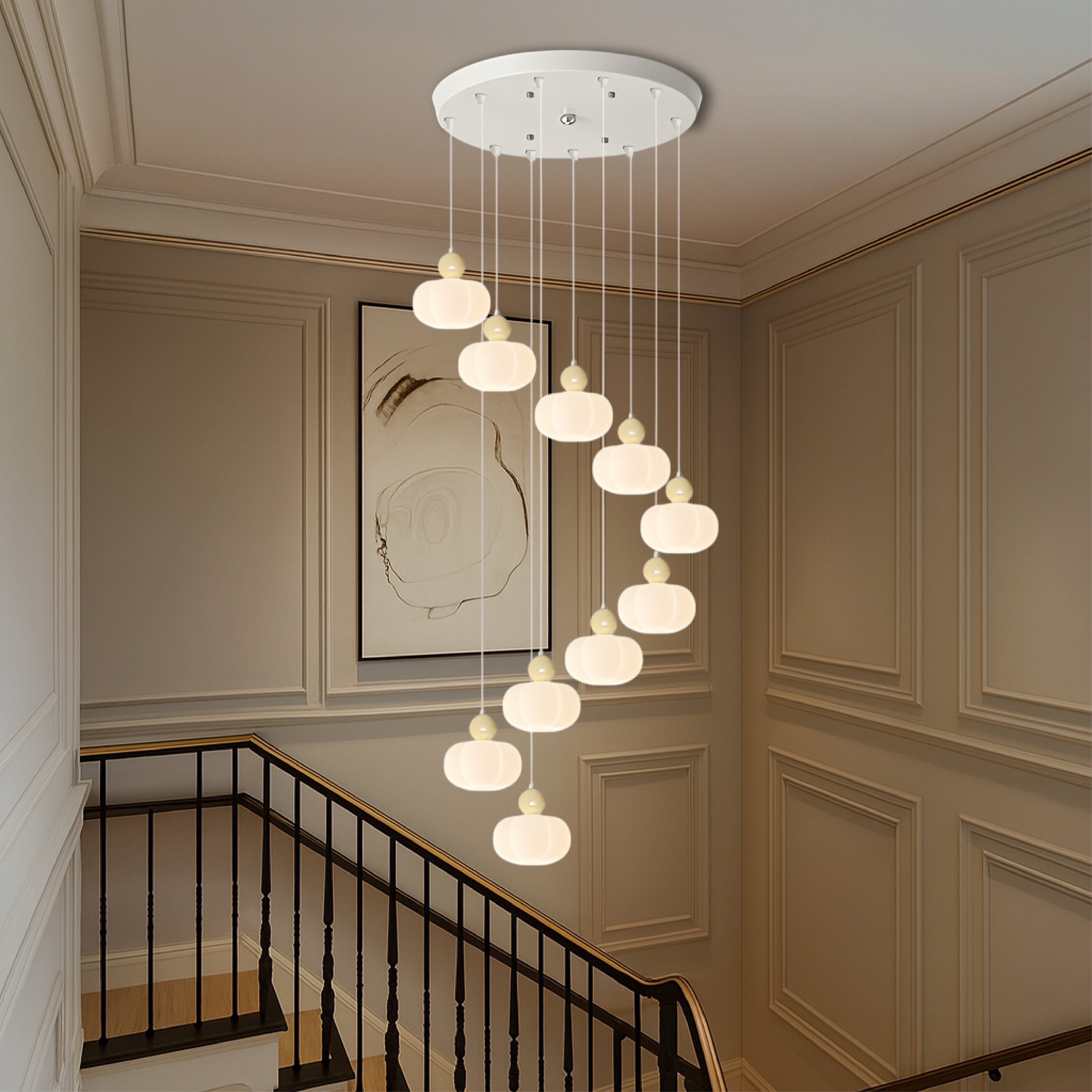 Lustre d'escalier Art Déco crème